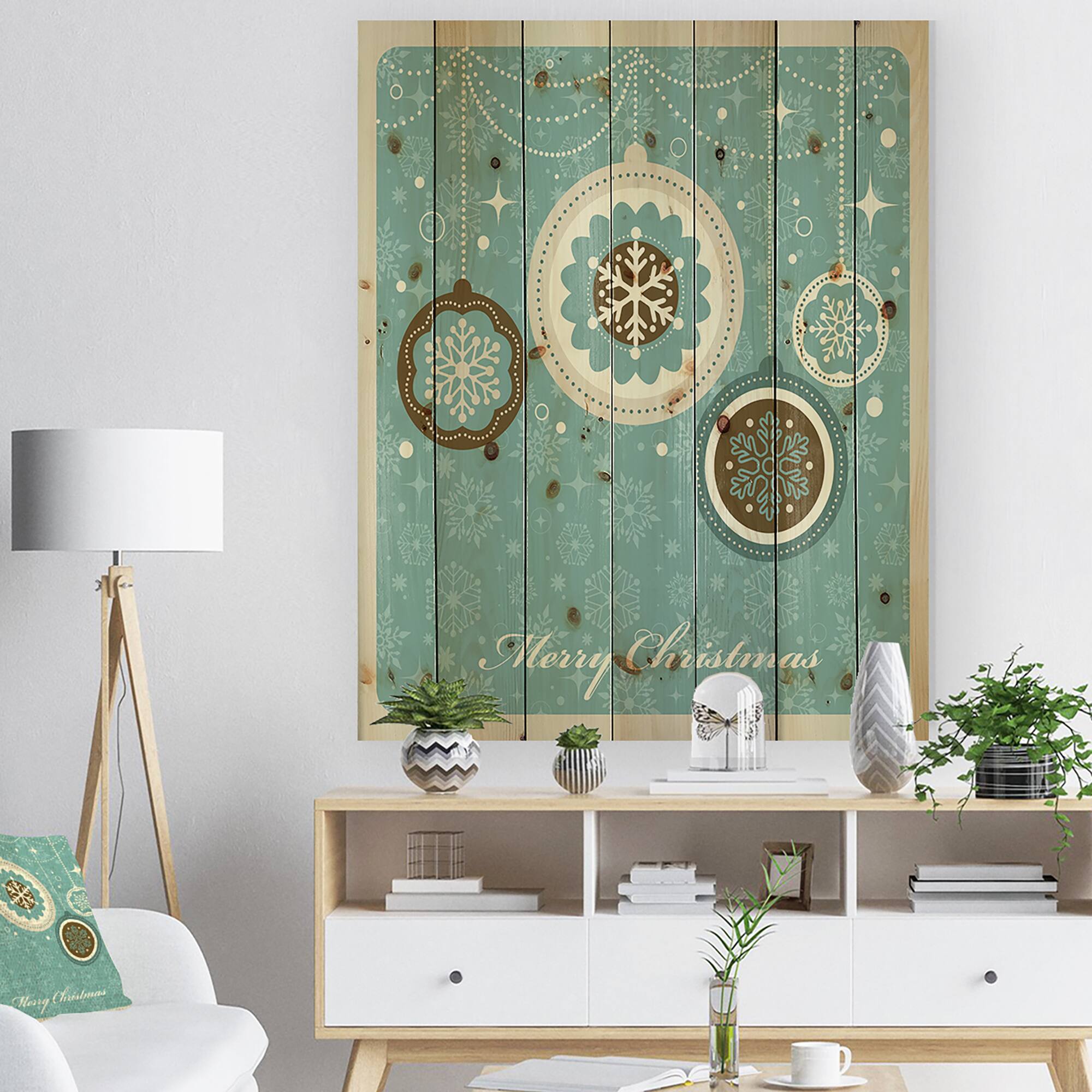 Designart Merry Christmas Tree Ball Print on Natural Pine Wood
